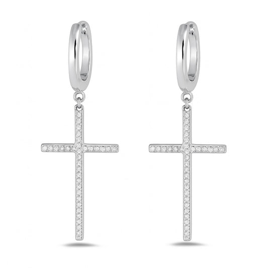 Silver CZ Earrings - Dangle Cross