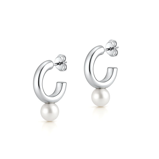 Silver Pearl Open Hoop Earrings