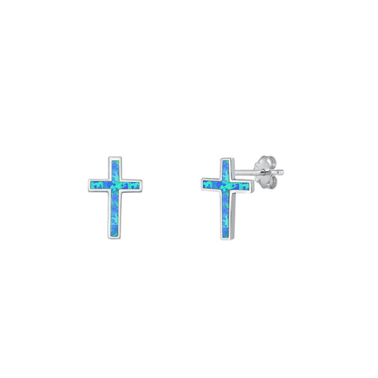 Silver Lab Opal Earrings - Cross
