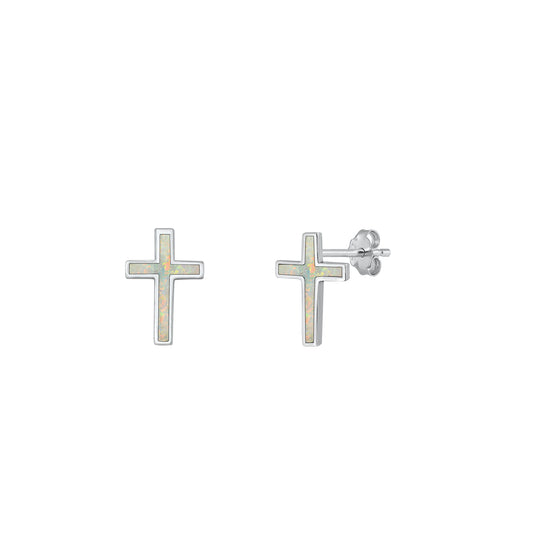 Silver Lab Opal Earrings - Cross