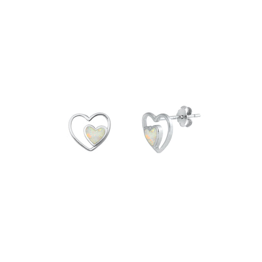 Silver Lab Opal Earrings - Double Hearts