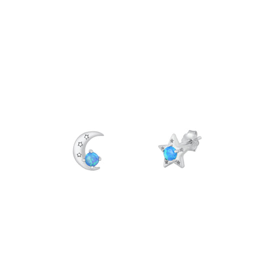 Silver Stud Earrings - Moon and Star