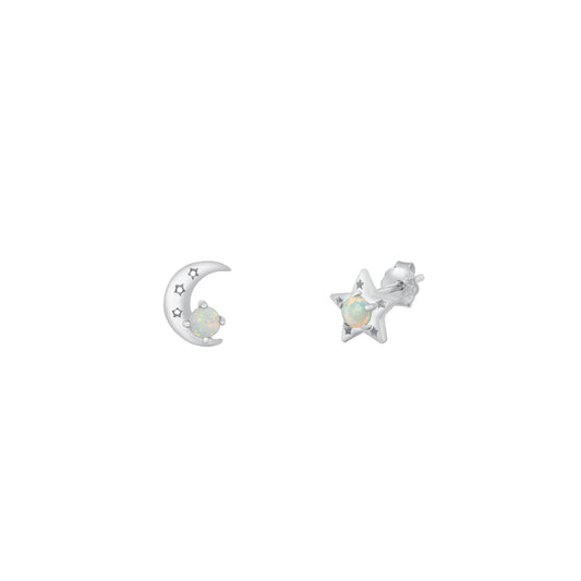 Silver Stud Earrings - Moon and Star