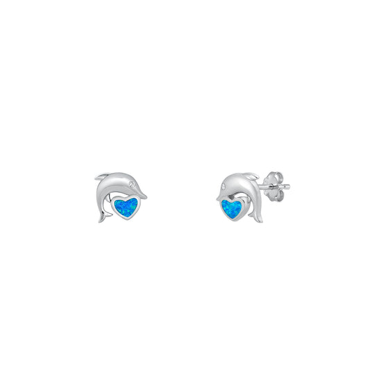 Silver Stud Earrings - Dolphin Heart