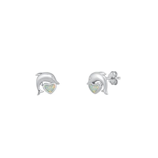 Silver Stud Earrings - Dolphin Heart