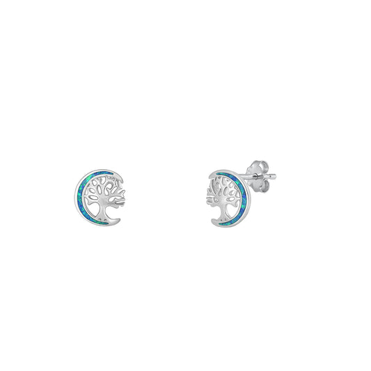Silver Lab Opal Earrings - Moon & Tree