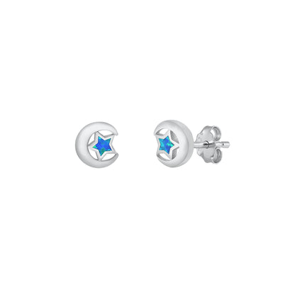 Silver Lab Opal Earrings - Moon & Star