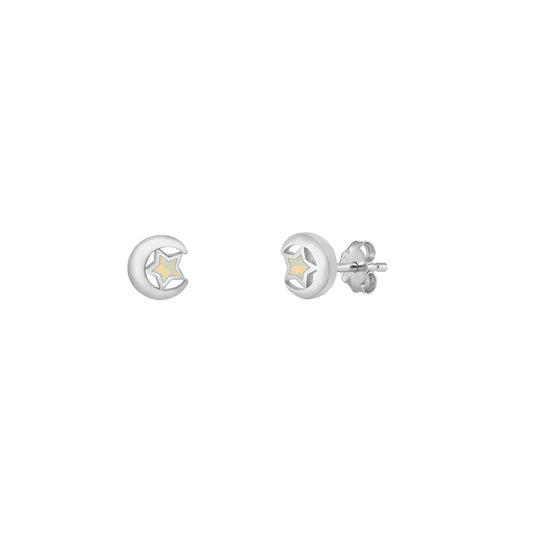 Silver Lab Opal Earrings - Moon & Star