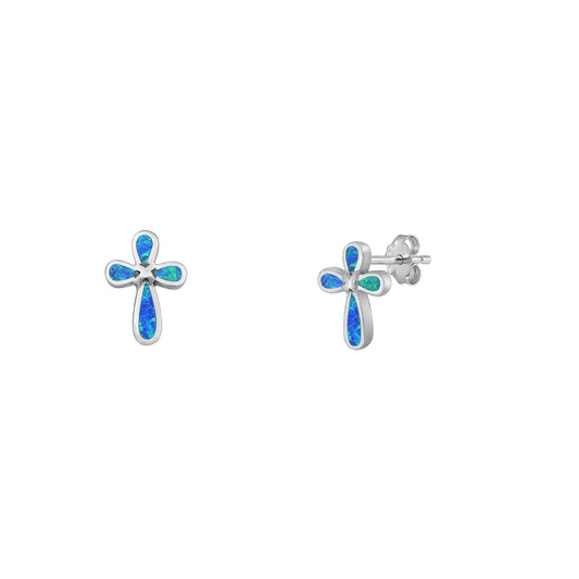 Silver Lab Opal Earrings - Cross