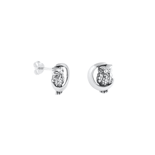 Silver Stud Earrings - Owl on the Moon