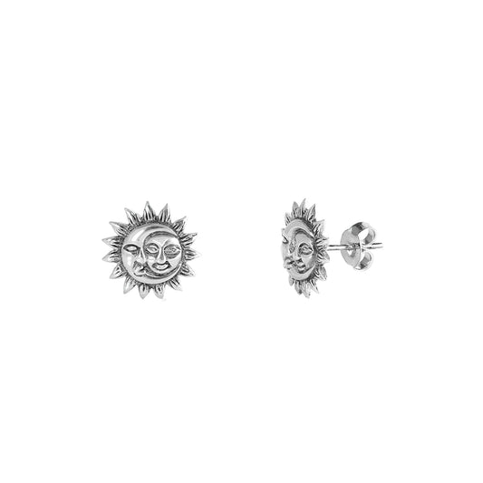 Silver Stud Earrings - Moon and Sun