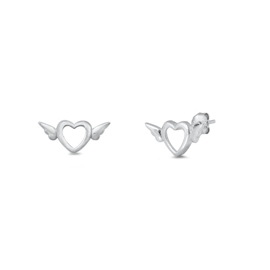 Silver Stud Earrings - Heart & Wings