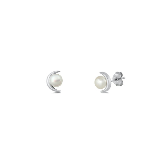 Silver Stud Earrings - Moon & Pearl