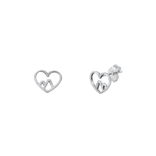 Silver Stud Earrings - Heart & Mountain