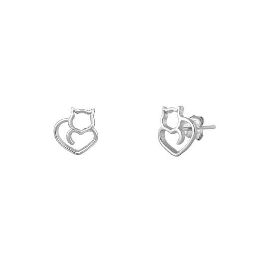 Silver Stud Earrings - Cat & Heart