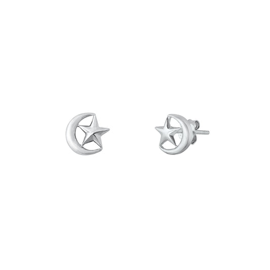 Silver Stud Earrings - Moon and Star
