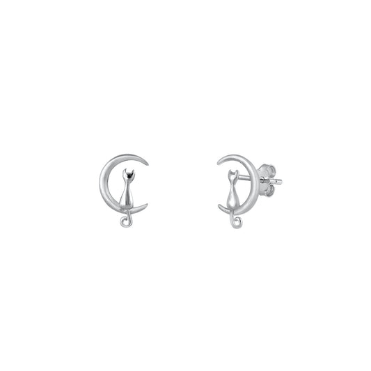 Silver Stud Earrings - Cat on Moon