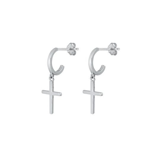 Silver Hoop Earrings - Cross