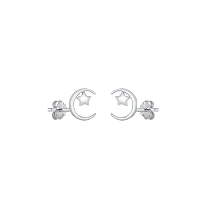 Silver Stud Earrings - Moon & Star