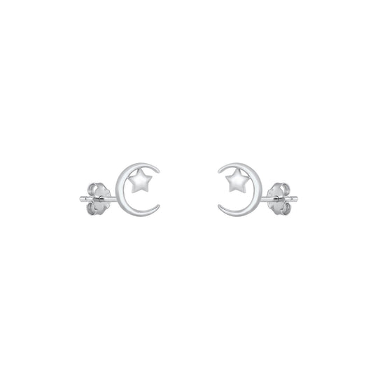 Silver Stud Earrings - Moon & Star