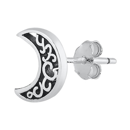 Silver Stud Earrings - Filigree Moon