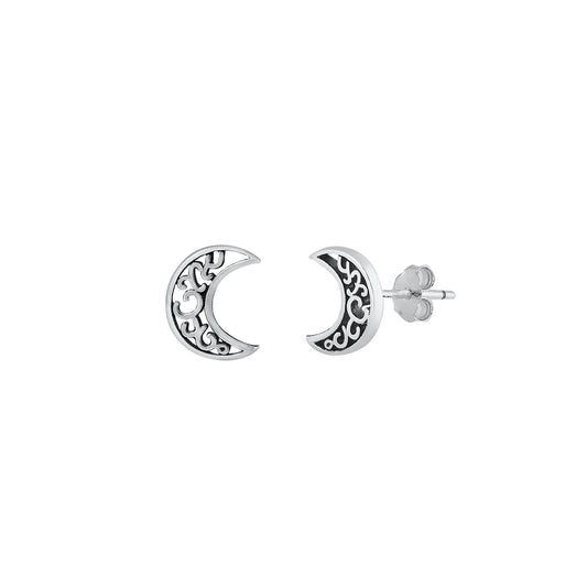 Silver Stud Earrings - Filigree Moon