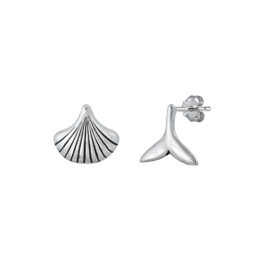 Silver Stud Earrings - Seashell & Whale Tail