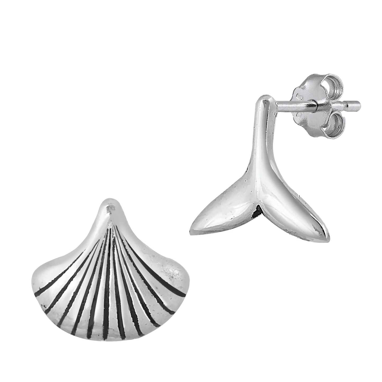Silver Stud Earrings - Seashell & Whale Tail