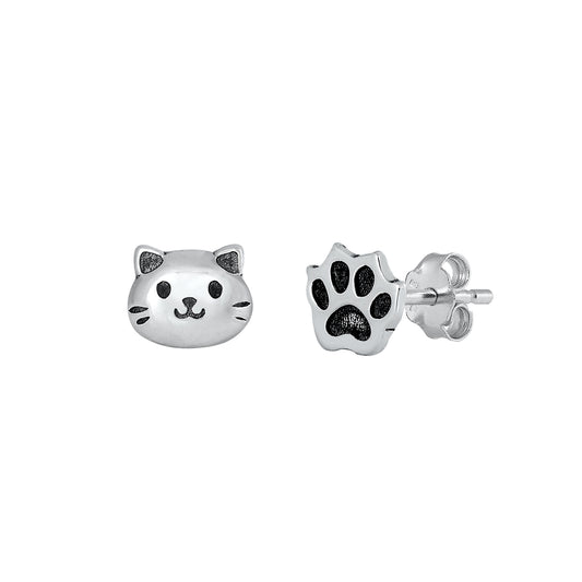 Silver Stud Earrings - Cat & Paw Print