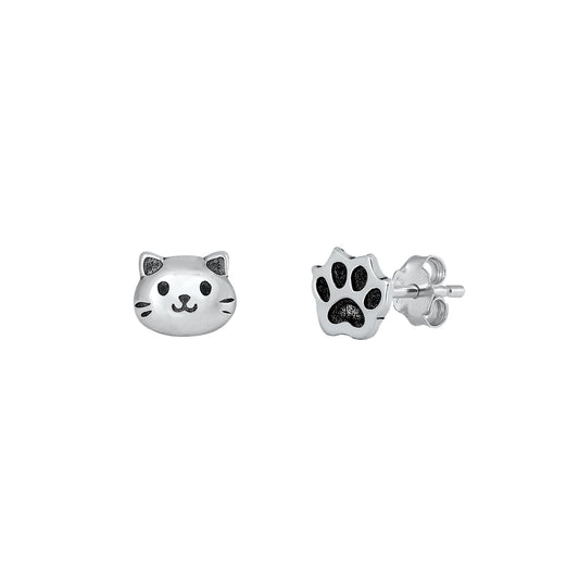Silver Stud Earrings - Cat & Paw Print