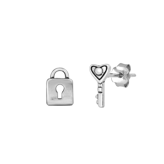 Silver Stud Earrings - Lock & Key