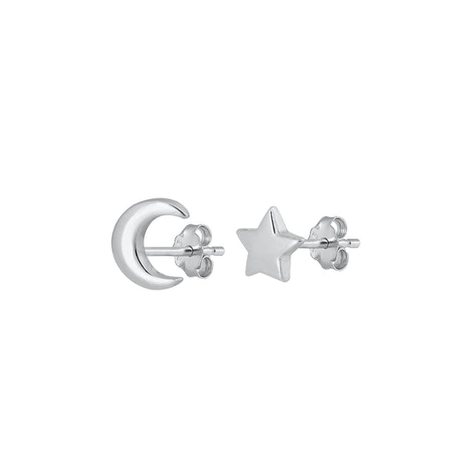 Silver Stud Earrings - Moon and Star