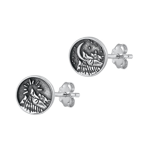 Silver Stud Earrings - Mountains & Moon