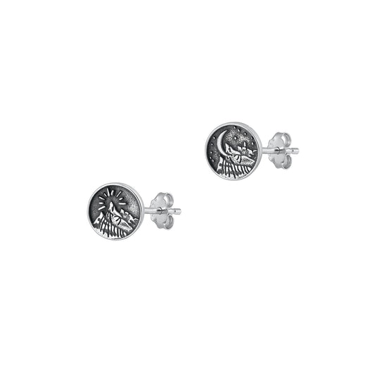 Silver Stud Earrings - Mountains & Moon