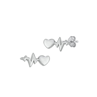 Silver Stud Earrings - Heart EKG