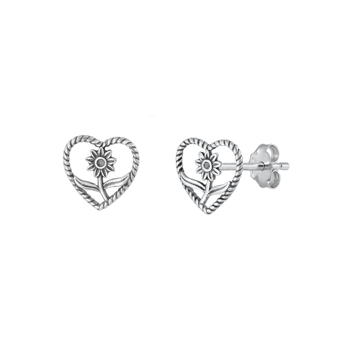 Silver Earrings - Heart & Flower