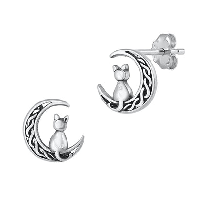 Silver Earrings - Cat on Celtic Moon