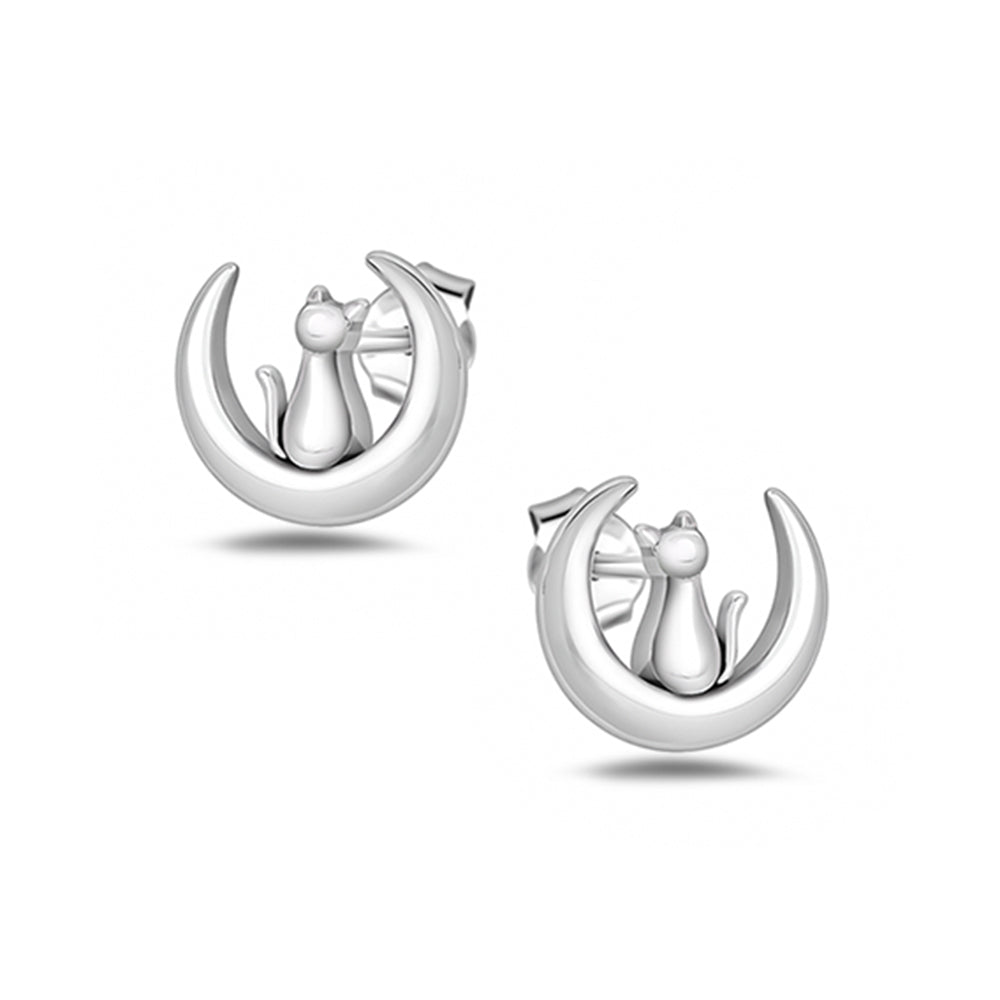 Silver Earrings - Cat on Moon