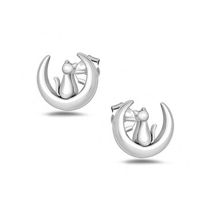 Silver Earrings - Cat on Moon