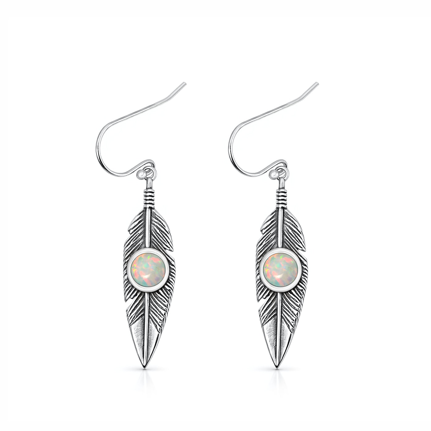 Silver Lab Opal Earrings - Feathers