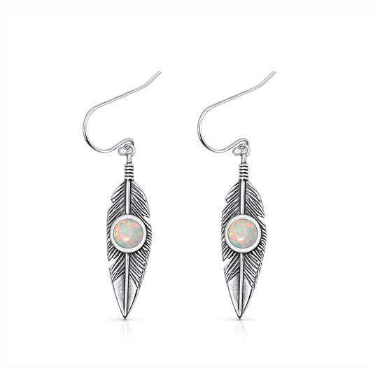 Silver Lab Opal Earrings - Feathers