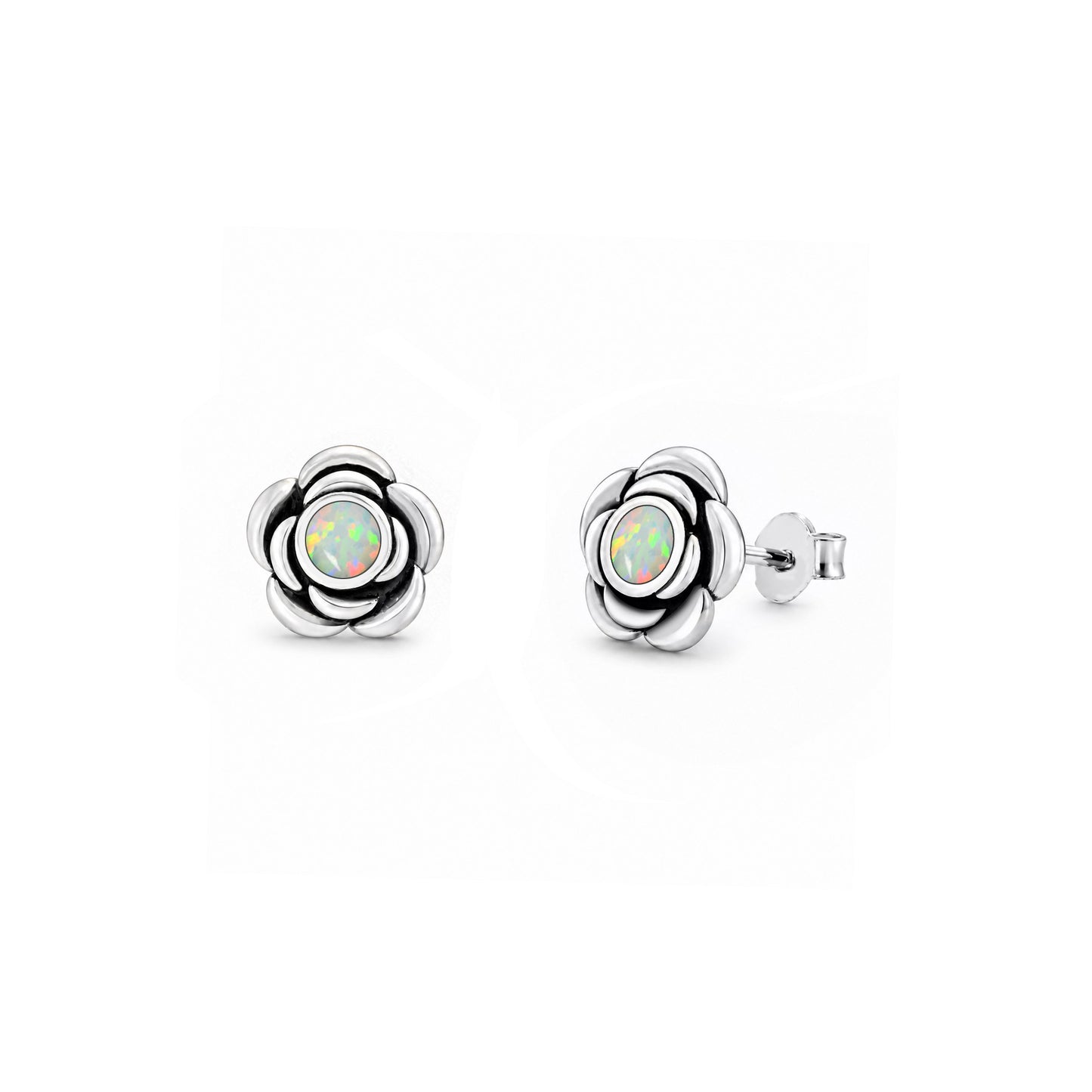 Silver Lab Opal Earrings - Flower