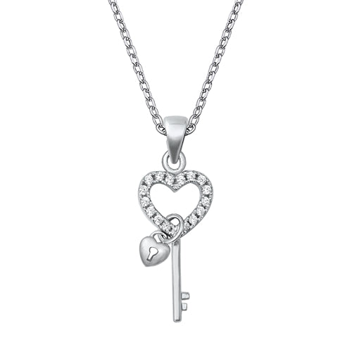 Silver CZ Necklace - Heart and Key