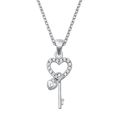Silver CZ Necklace - Heart and Key