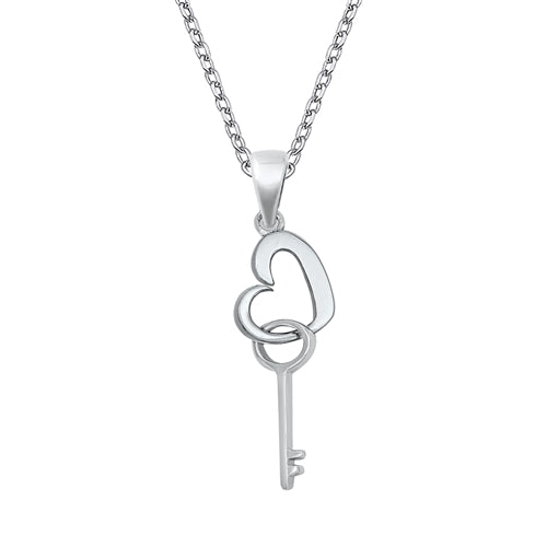 Silver CZ Necklace - Heart and Key