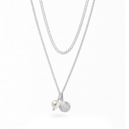 Silver Necklace - Seashell & Pearl