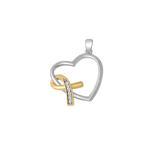 Silver Pendant W/ CZ - Breast Cancer Ribbon & Heart