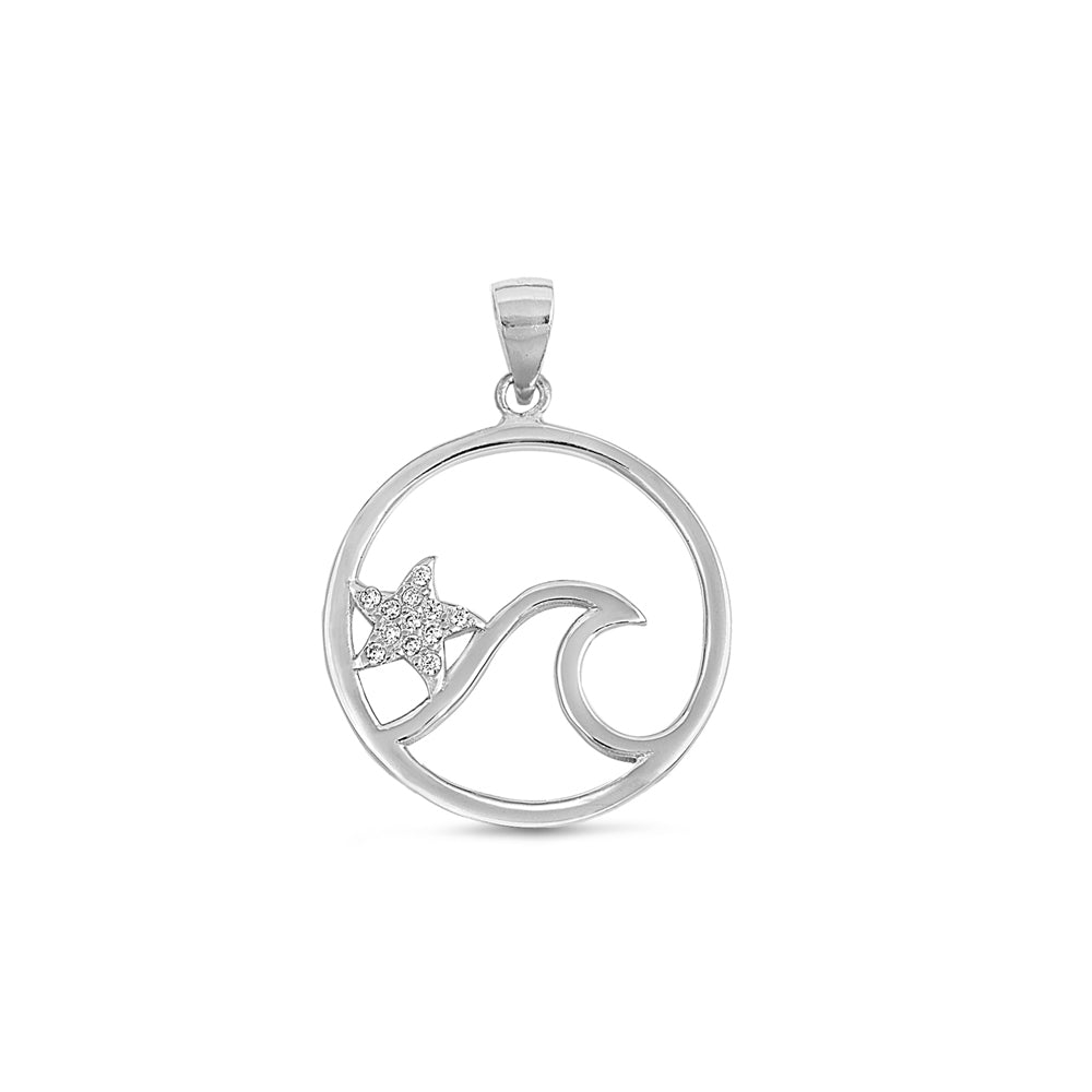 Silver Pendant W/ CZ - Ocean Wave and Starfish