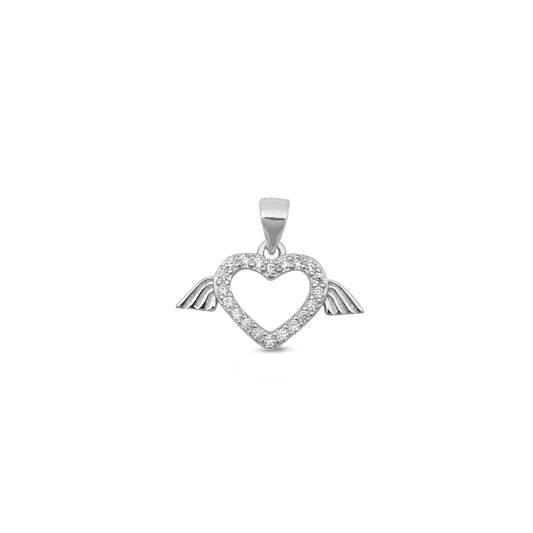 Silver CZ Pendant - Heart w/ Wings