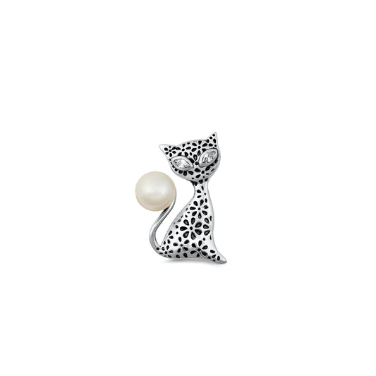 Silver CZ Pendant - Cat w/ Pearl